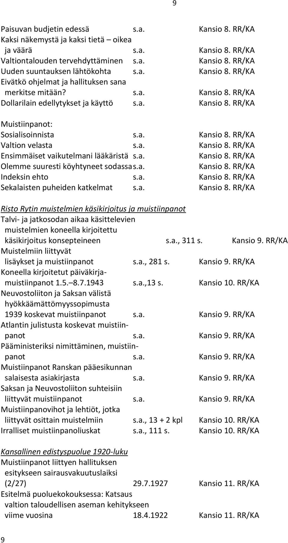 a. Kansio 8. RR/KA Ensimmäiset vaikutelmani lääkäristä s.a. Kansio 8. RR/KA Olemme suuresti köyhtyneet sodassa s.a. Kansio 8. RR/KA Indeksin ehto s.a. Kansio 8. RR/KA Sekalaisten puheiden katkelmat s.