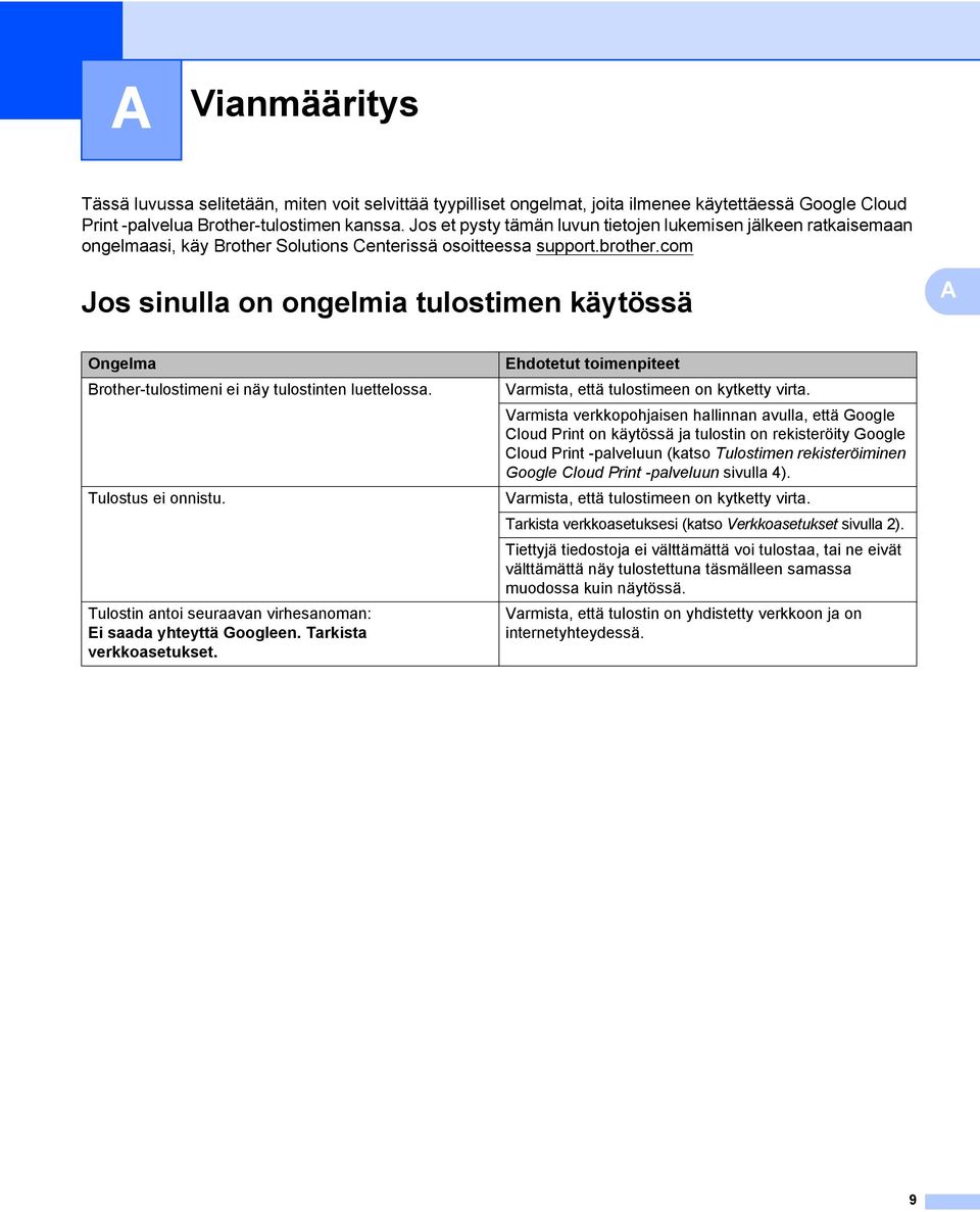 com Jos sinulla on ongelmia tulostimen käytössä A A Ongelma Brother-tulostimeni ei näy tulostinten luettelossa. Tulostus ei onnistu. Tulostin antoi seuraavan virhesanoman: Ei saada yhteyttä Googleen.