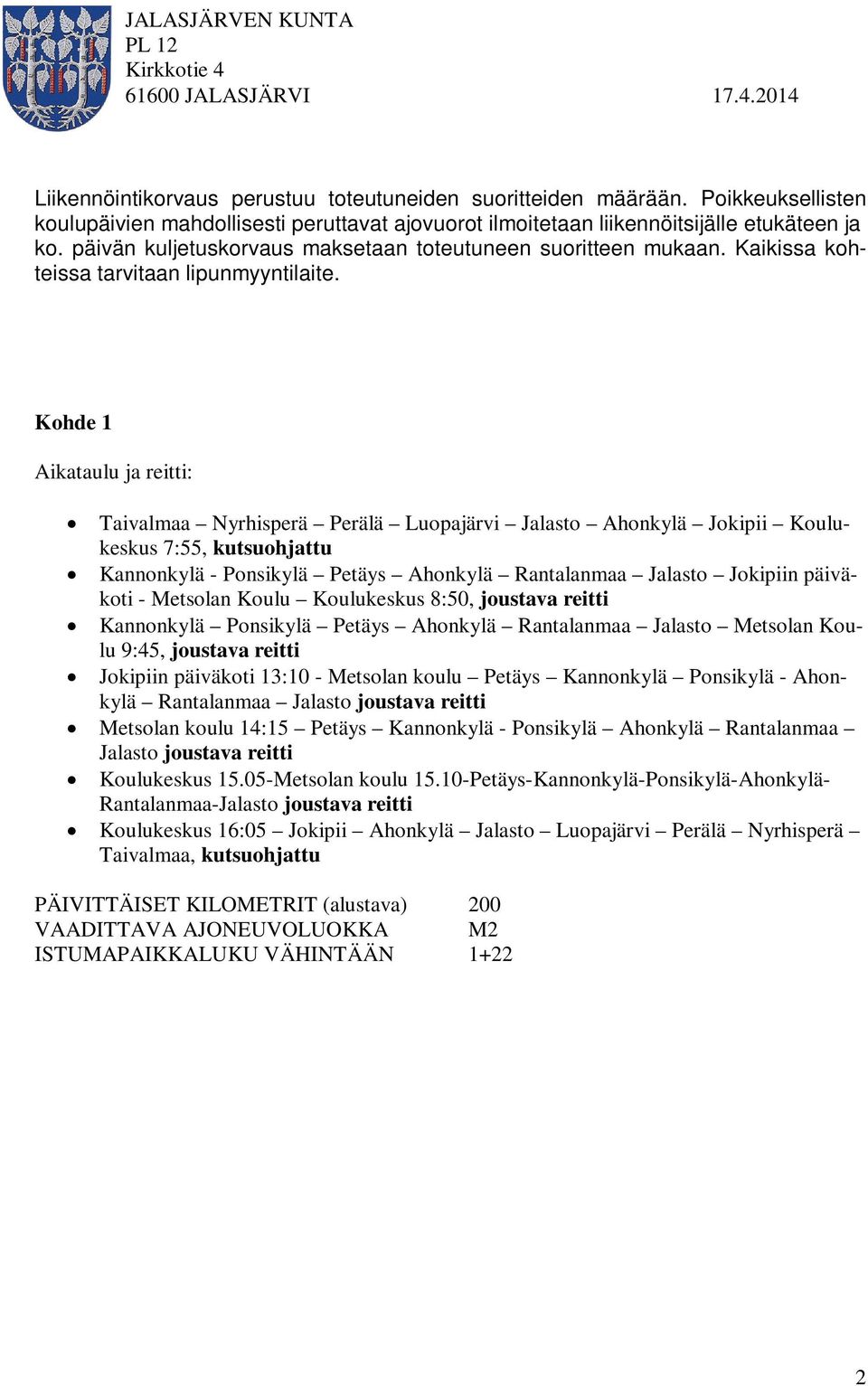 Kohde 1 Taivalmaa Nyrhisperä Perälä Luopajärvi Jalasto Ahonkylä Jokipii Koulukeskus 7:55, kutsuohjattu Kannonkylä - Ponsikylä Petäys Ahonkylä Rantalanmaa Jalasto Jokipiin päiväkoti - Metsolan Koulu