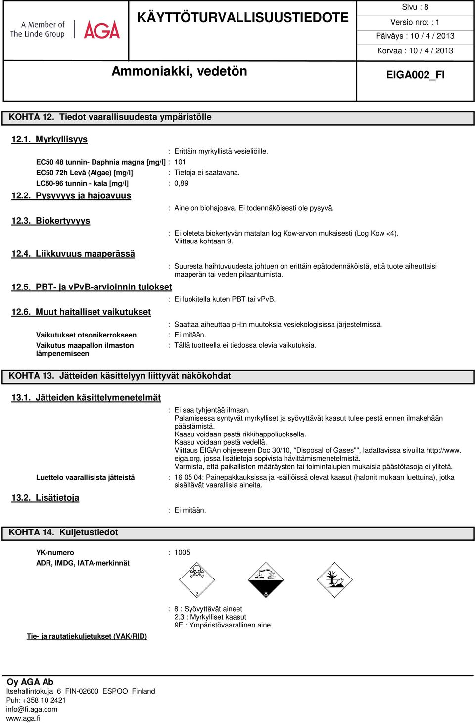 5. PBT- ja vpvb-arvioinnin tulokset 12.6. Muut haitalliset vaikutukset Vaikutukset otsonikerrokseen Vaikutus maapallon ilmaston lämpenemiseen : Aine on biohajoava. Ei todennäköisesti ole pysyvä.