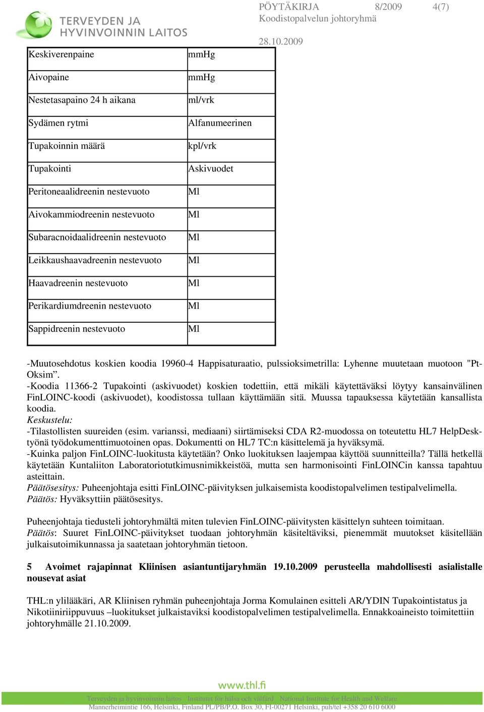 -Muutosehdotus koskien koodia 19960-4 Happisaturaatio, pulssioksimetrilla: Lyhenne muutetaan muotoon "Pt- Oksim.