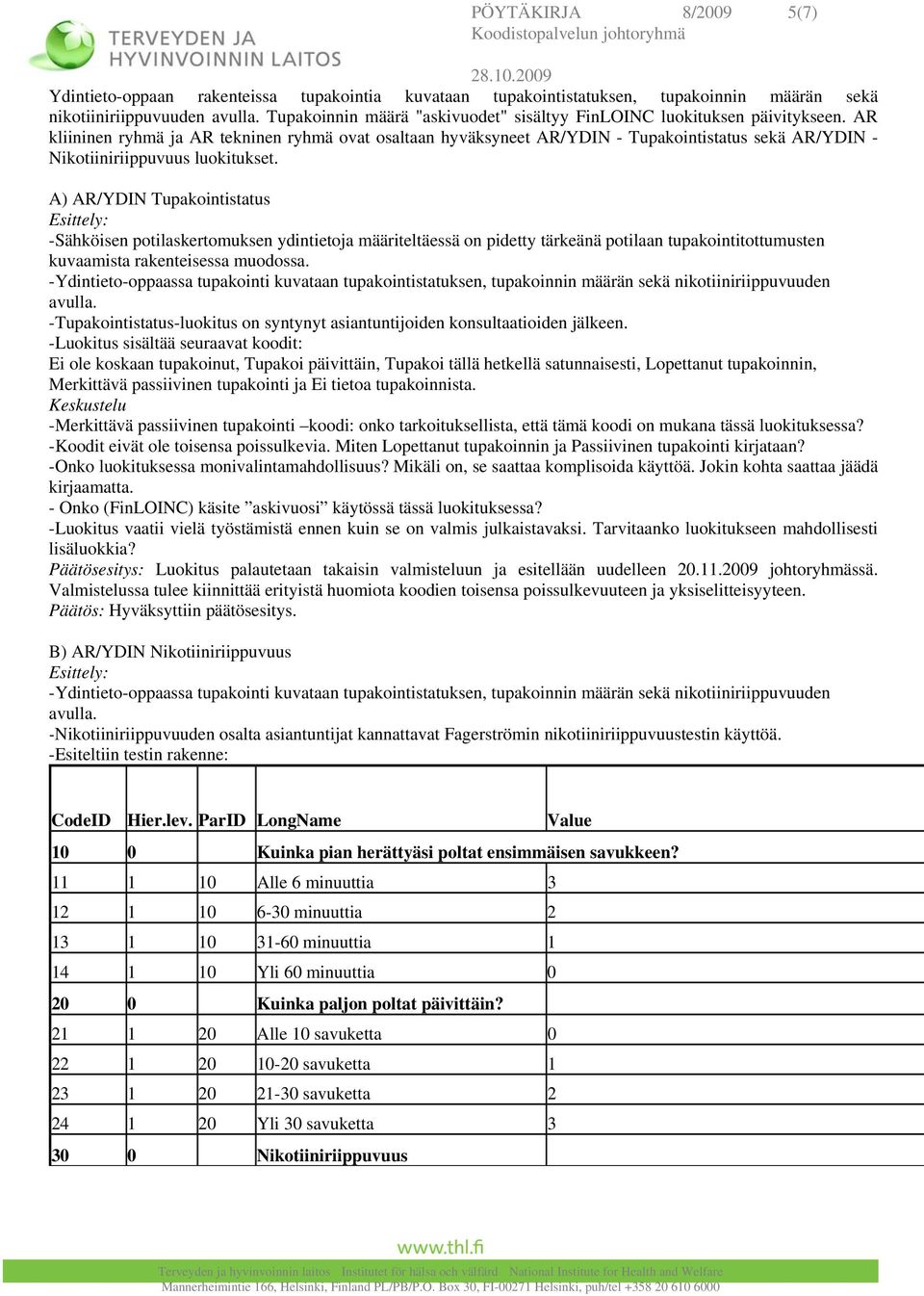 AR kliininen ryhmä ja AR tekninen ryhmä ovat osaltaan hyväksyneet AR/YDIN - Tupakointistatus sekä AR/YDIN - Nikotiiniriippuvuus luokitukset.