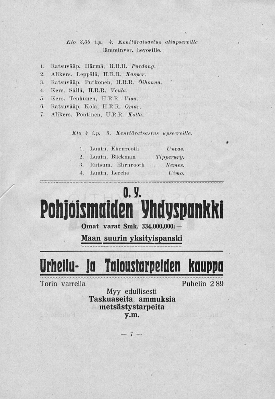 1. Luutn. EhrnTooth Uncas. 2. Luutn. Bäckman Tipperary. Ratsuin. Ehrnrooth Nemcs. 4. Luutn. Lerche Uimo. * Pohjoismaiden yhdyspankki Omat varat Smk.