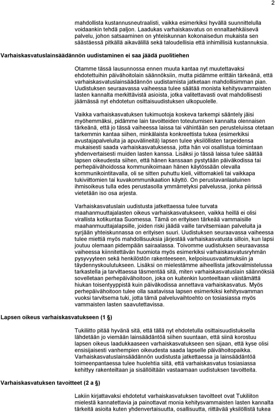 Varhaiskasvatuslainsäädännön uudistaminen ei saa jäädä puolitiehen Lapsen oikeus varhaiskasvatukseen (1 ) Varhaiskasvatuksen tavoitteet (2 a ) Otamme tässä lausunnossa ennen muuta kantaa nyt