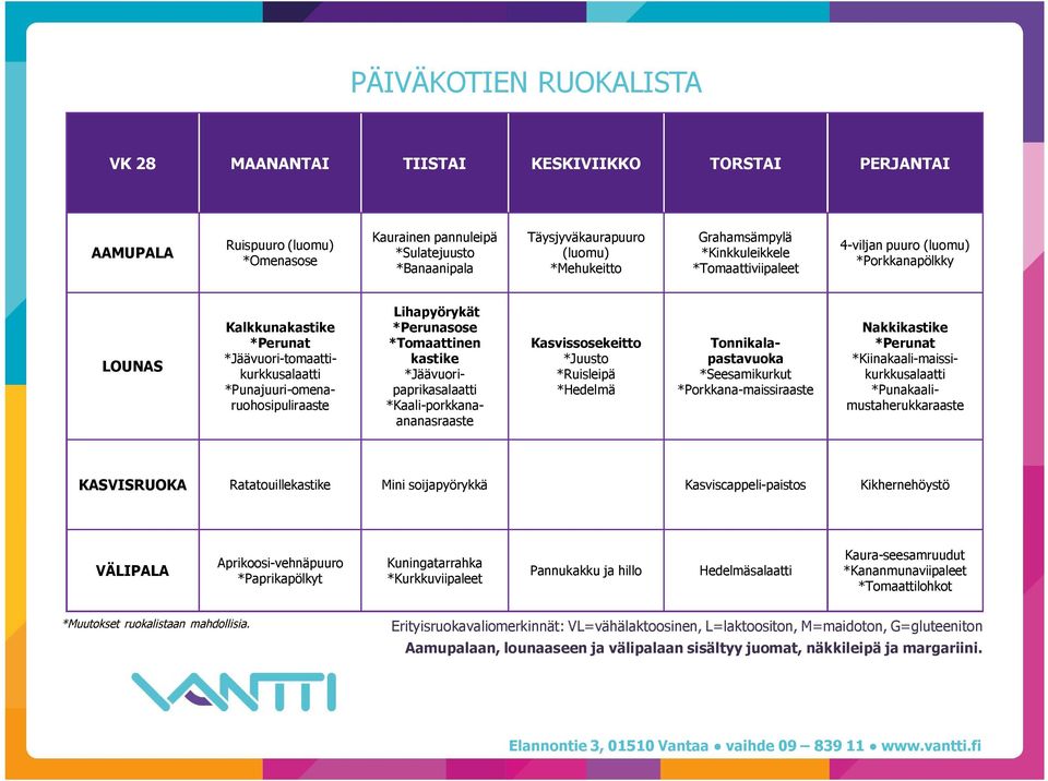 *Jäävuoripaprikasalaatti *Kaali-porkkanaananasraaste Tonnikalapastavuoka *Seesamikurkut *Porkkana-maissiraaste Nakkikastike *Kiinakaali-maissikurkkusalaatti *Punakaalimustaherukkaraaste