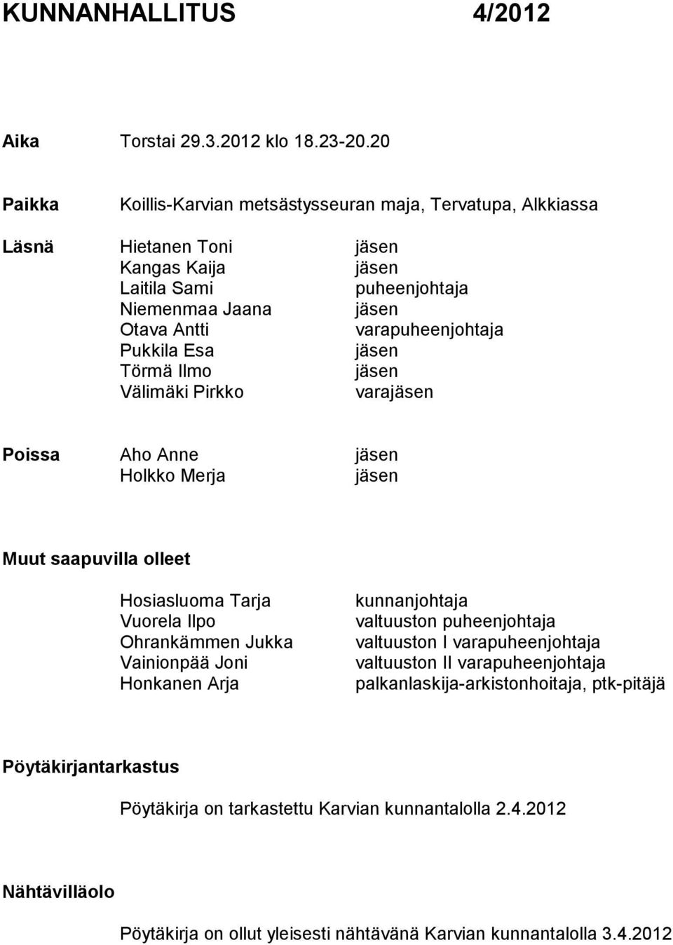 varapuheenjohtaja Pukkila Esa jäsen Törmä Ilmo jäsen Välimäki Pirkko varajäsen Poissa Aho Anne jäsen Holkko Merja jäsen Muut saapuvilla olleet Hosiasluoma Tarja Vuorela Ilpo Ohrankämmen