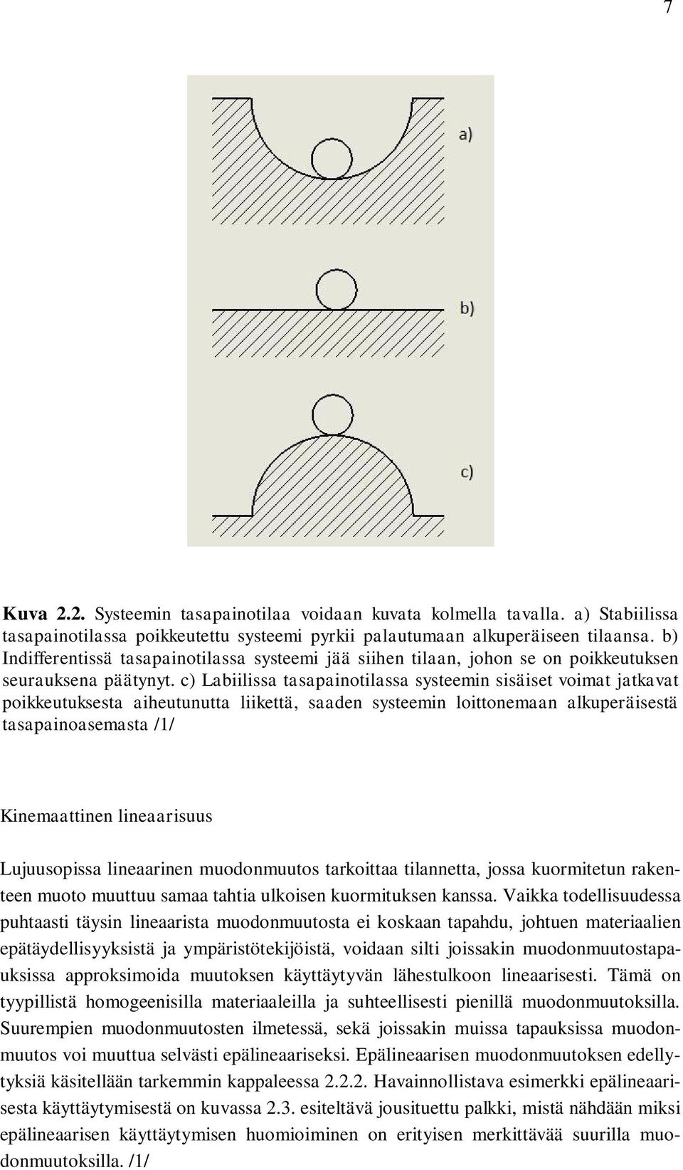 c) Labiilissa tasapainotilassa systeemin sisäiset voimat jatkavat poikkeutuksesta aiheutunutta liikettä, saaden systeemin loittonemaan alkuperäisestä tasapainoasemasta /1/ Kinemaattinen lineaarisuus