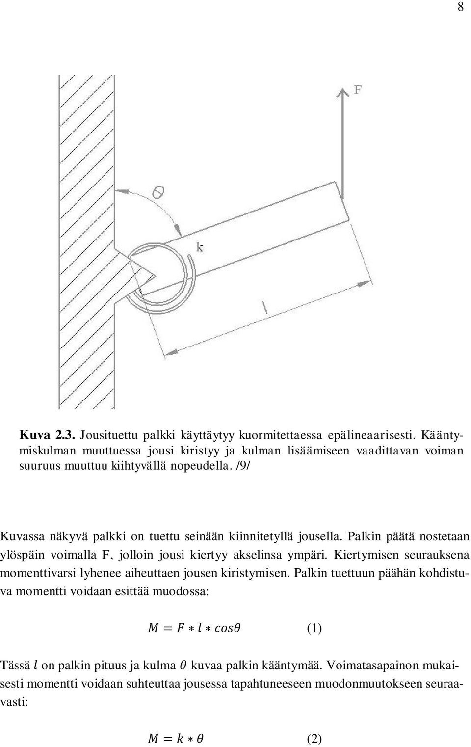 /9/ Kuvassa näkyvä palkki on tuettu seinään kiinnitetyllä jousella. Palkin päätä nostetaan ylöspäin voimalla F, jolloin jousi kiertyy akselinsa ympäri.