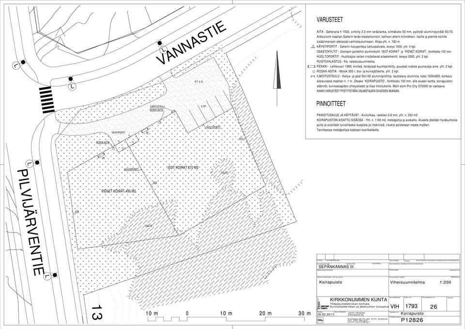 OSASTOKYTIT - Uloimpiin portteihin alumiinikyltit `ISOT KOIRAT` ja `PIENET KOIRAT`, fonttikoko 00 mm. HUOTOPORTIT - Huoltoajoa varten irroitettavat aitaelementit, leveys 00, yht. kpl.