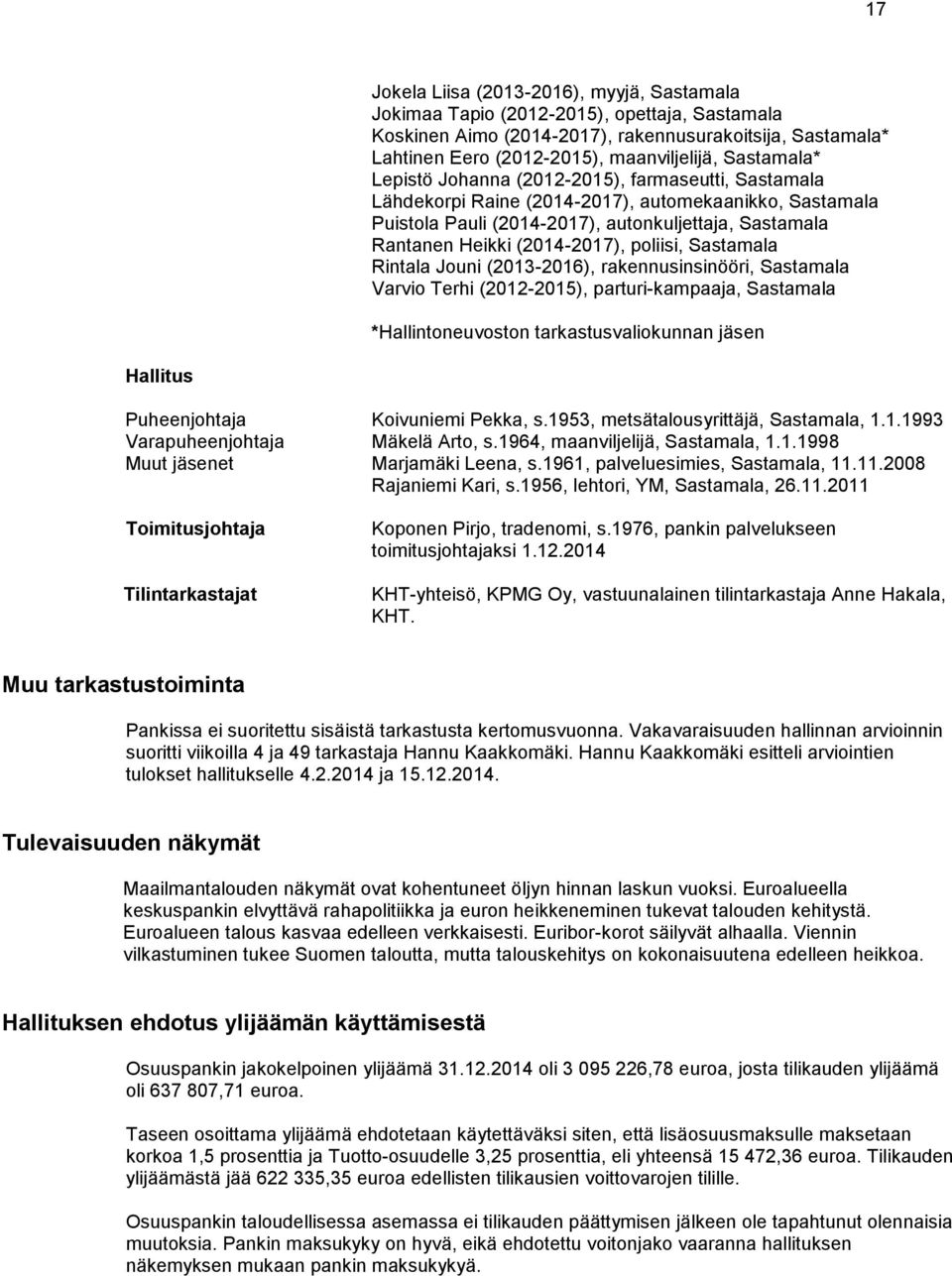 (2014-2017), poliisi, Sastamala Rintala Jouni (2013-2016), rakennusinsinööri, Sastamala Varvio Terhi (2012-2015), parturi-kampaaja, Sastamala *Hallintoneuvoston tarkastusvaliokunnan jäsen Hallitus