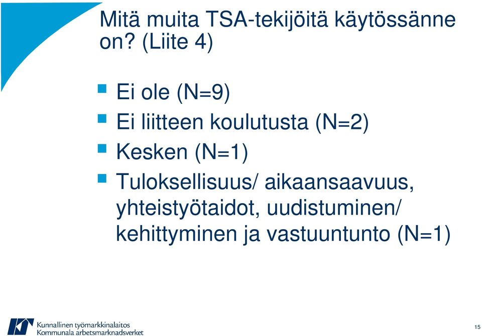 Kesken (N=1) Tuloksellisuus/ aikaansaavuus,