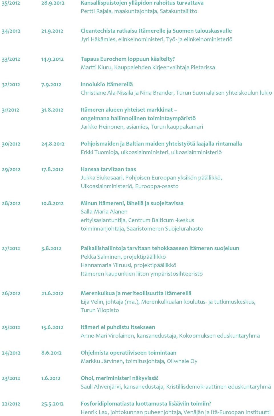 8.2012 Itämeren alueen yhteiset markkinat ongelmana hallinnollinen toimintaympäristö Jarkko Heinonen, asiamies, Turun kauppakamari 30/2012 24.8.2012 Pohjoismaiden ja Baltian maiden yhteistyötä laajalla rintamalla Erkki Tuomioja, ulkoasiainministeri, ulkoasiainministeriö 29/2012 17.