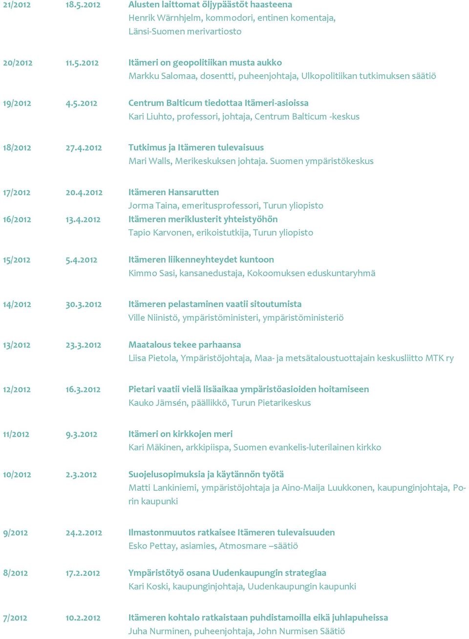 Suomen ympäristökeskus 17/2012 20.4.2012 Itämeren Hansarutten Jorma Taina, emeritusprofessori, Turun yliopisto 16/2012 13.4.2012 Itämeren meriklusterit yhteistyöhön Tapio Karvonen, erikoistutkija, Turun yliopisto 15/2012 5.