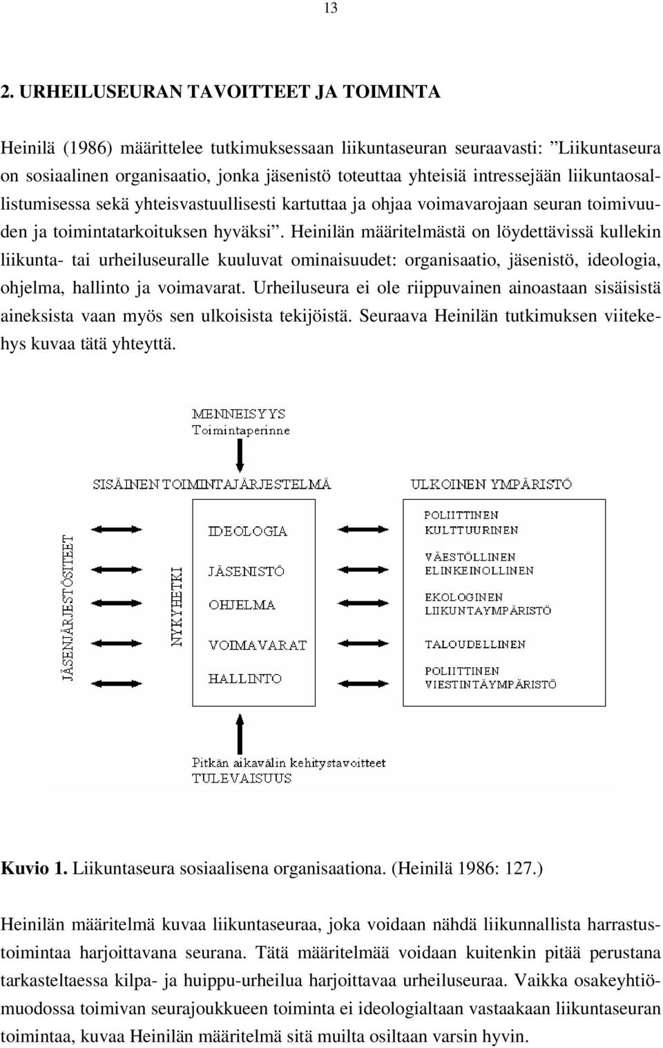 Heinilän määritelmästä on löydettävissä kullekin liikunta- tai urheiluseuralle kuuluvat ominaisuudet: organisaatio, jäsenistö, ideologia, ohjelma, hallinto ja voimavarat.