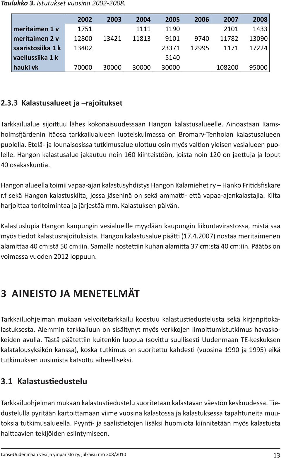 2.3.3 Kalastusalueet ja rajoitukset Tarkkailualue sijoittuu lähes kokonaisuudessaan Hangon kalastusalueelle.