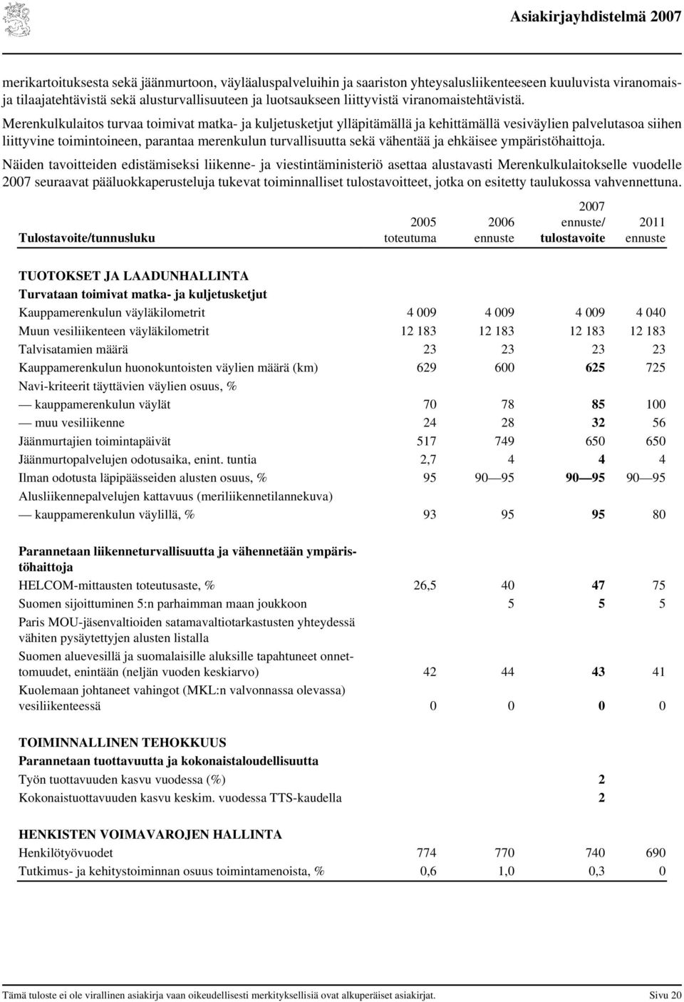 Merenkulkulaitos turvaa toimivat matka- ja kuljetusketjut ylläpitämällä ja kehittämällä vesiväylien palvelutasoa siihen liittyvine toimintoineen, parantaa merenkulun turvallisuutta sekä vähentää ja