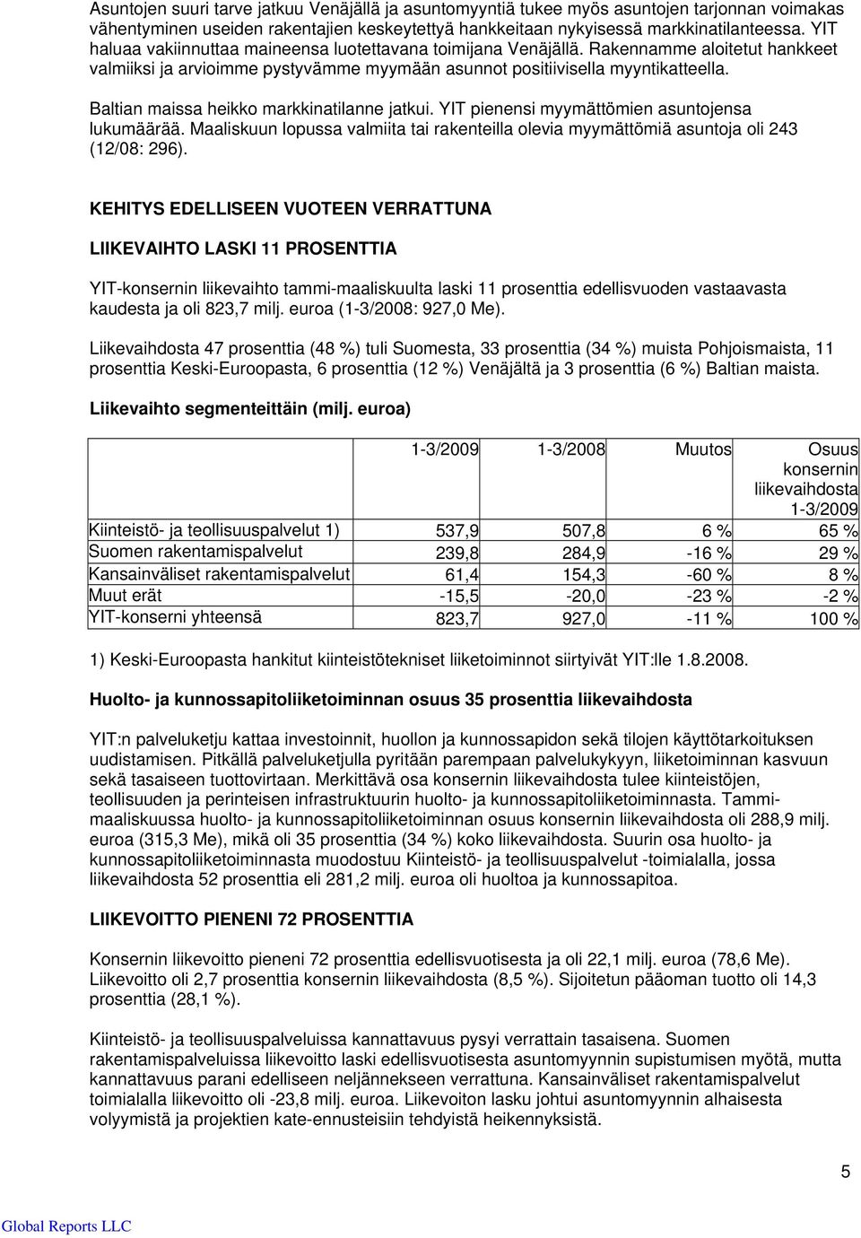 Baltian maissa heikko markkinatilanne jatkui. YIT pienensi myymättömien asuntojensa lukumäärää. Maaliskuun lopussa valmiita tai rakenteilla olevia myymättömiä asuntoja oli 243 (12/08: 296).