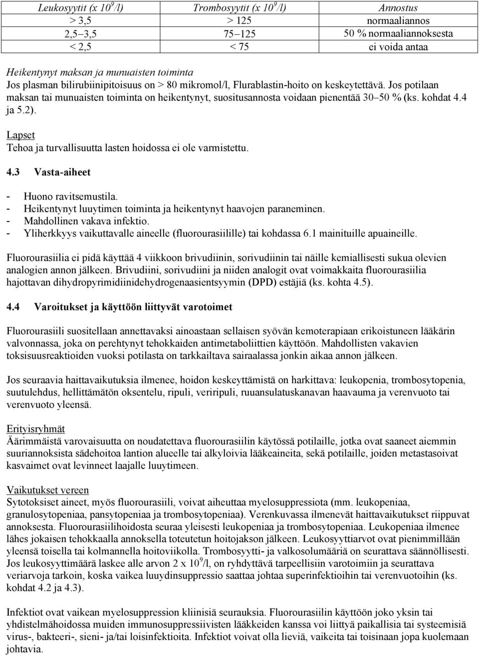 kohdat 4.4 ja 5.2). Lapset Tehoa ja turvallisuutta lasten hoidossa ei ole varmistettu. 4.3 Vasta-aiheet - Huono ravitsemustila. - Heikentynyt luuytimen toiminta ja heikentynyt haavojen paraneminen.