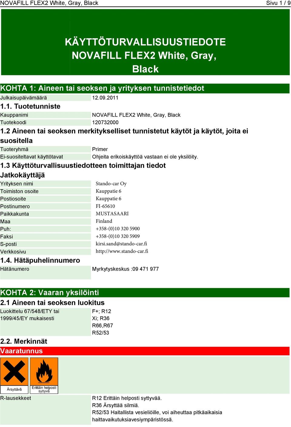 3 Käyttöturvallisuustiedotteen toimittajan tiedot Jatkokäyttäjä Yrityksen nimi Toimiston osoite Postiosoite Postinumero Paikkakunta Maa Puh: Faksi S-posti Verkkosivu Stando-car Oy Kauppatie 6