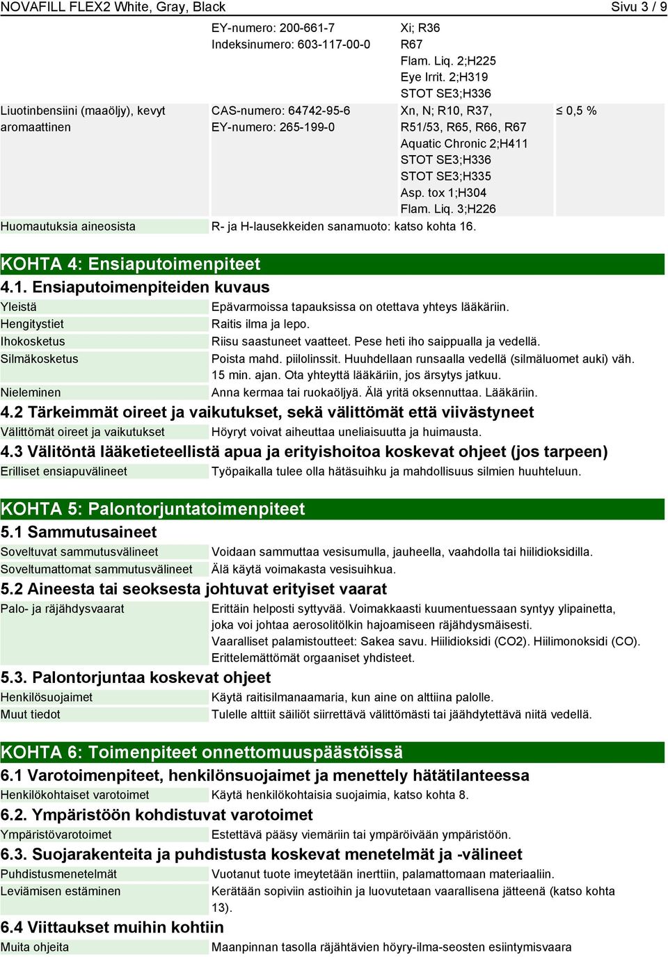 KOHTA 4: Ensiaputoimenpiteet 4.1. Ensiaputoimenpiteiden kuvaus Yleistä Epävarmoissa tapauksissa on otettava yhteys lääkäriin. Hengitystiet Raitis ilma ja lepo. Ihokosketus Riisu saastuneet vaatteet.