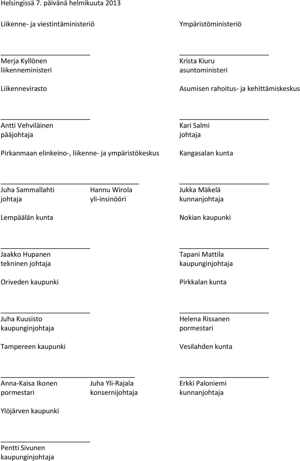 kehittämiskeskus Antti Vehviläinen pääjohtaja Pirkanmaan elinkeino-, liikenne- ja ympäristökeskus Kari Salmi johtaja Kangasalan kunta Juha Sammallahti Hannu Wirola Jukka Mäkelä johtaja