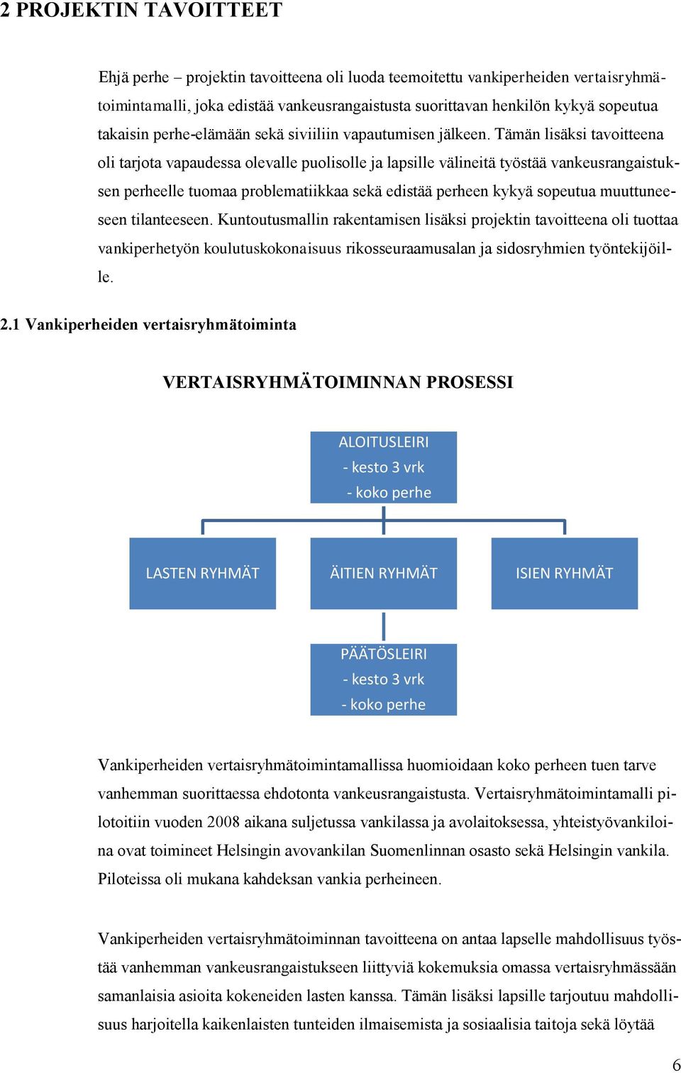 Tämän lisäksi tavoitteena oli tarjota vapaudessa olevalle puolisolle ja lapsille välineitä työstää vankeusrangaistuksen perheelle tuomaa problematiikkaa sekä edistää perheen kykyä sopeutua