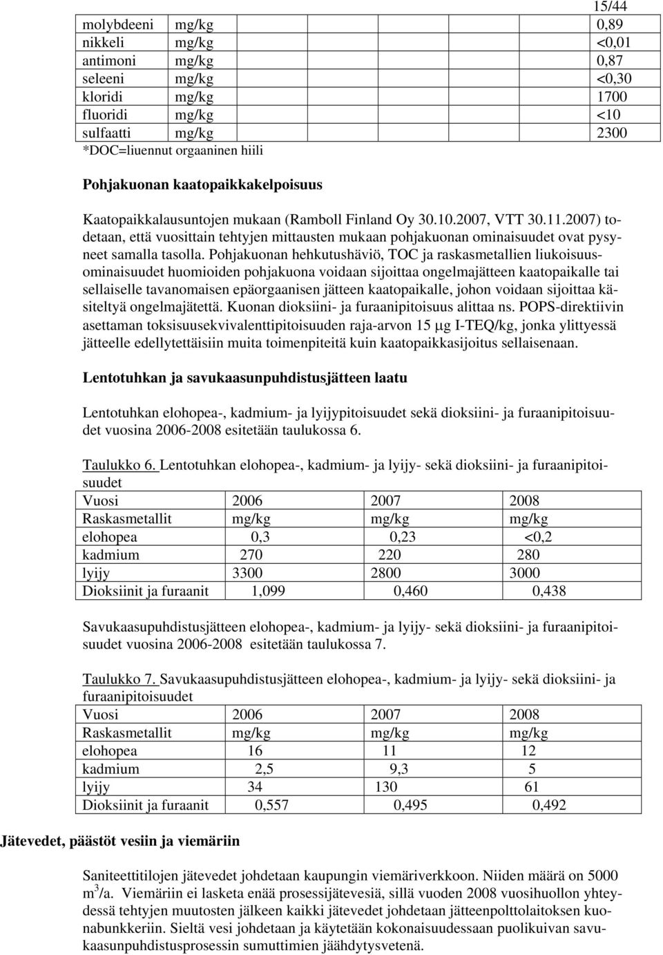 2007) todetaan, että vuosittain tehtyjen mittausten mukaan pohjakuonan ominaisuudet ovat pysyneet samalla tasolla.