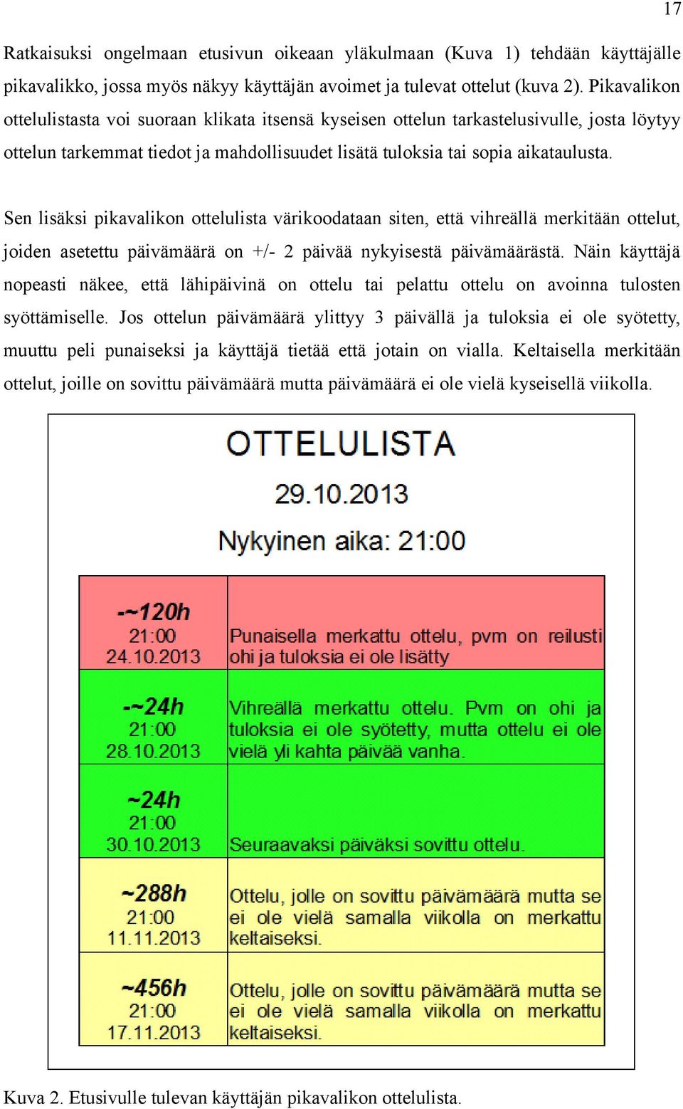 Sen lisäksi pikavalikon ottelulista värikoodataan siten, että vihreällä merkitään ottelut, joiden asetettu päivämäärä on +/- 2 päivää nykyisestä päivämäärästä.