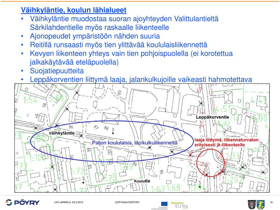 myös tien ylittävää koululaisliikennettä Kevyen liikenteen yhteys vain tien pohjoispuolella (ei