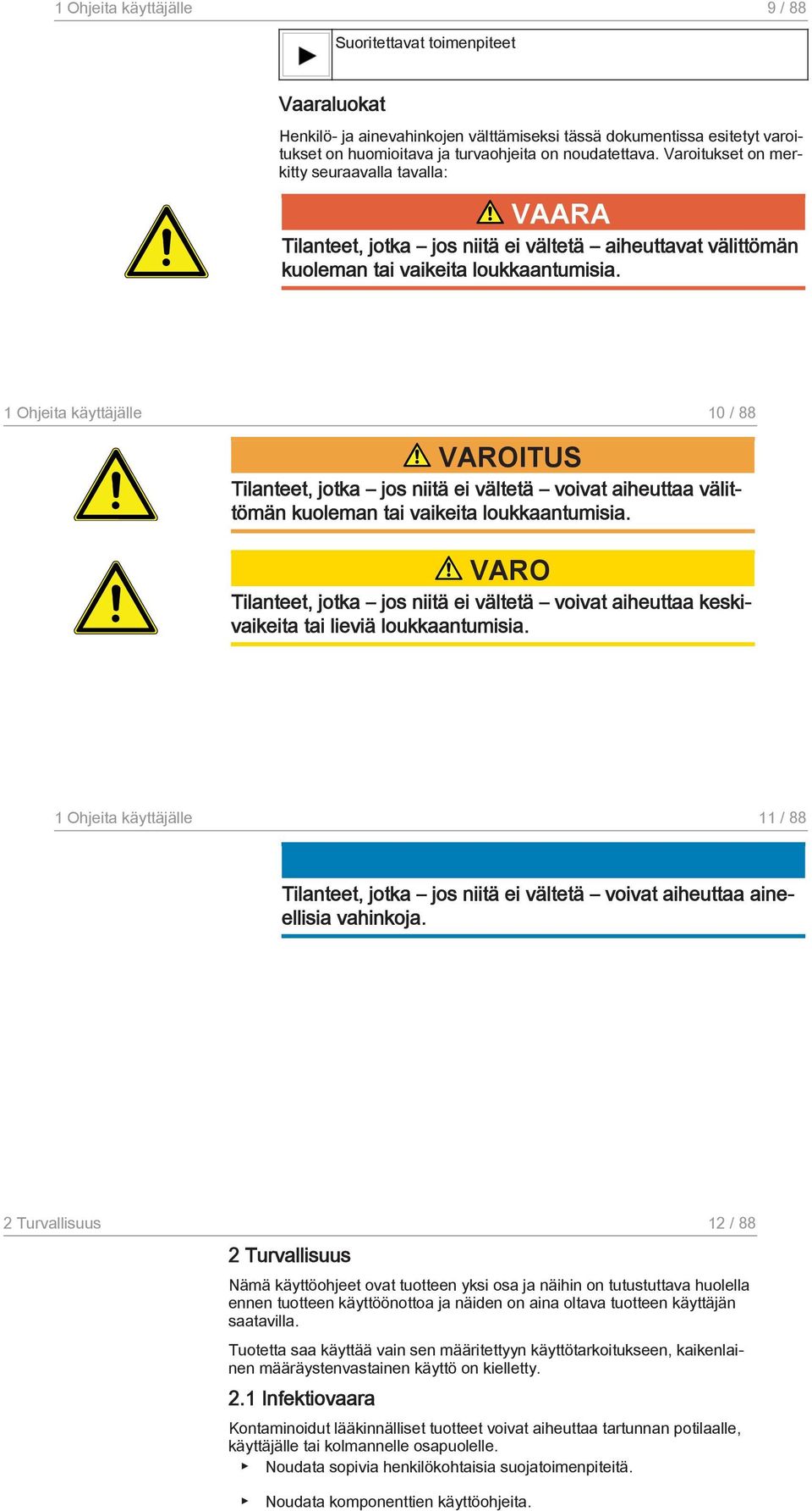 1 Ohjeita käyttäjälle 10 / 88 Tilanteet, jotka jos niitä ei vältetä voivat aiheuttaa välittömän kuoleman tai vaikeita loukkaantumisia.