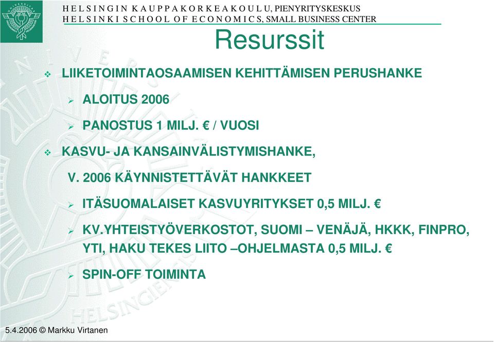 2006 KÄYNNISTETTÄVÄT HANKKEET ITÄSUOMALAISET KASVUYRITYKSET 0,5 MILJ. KV.