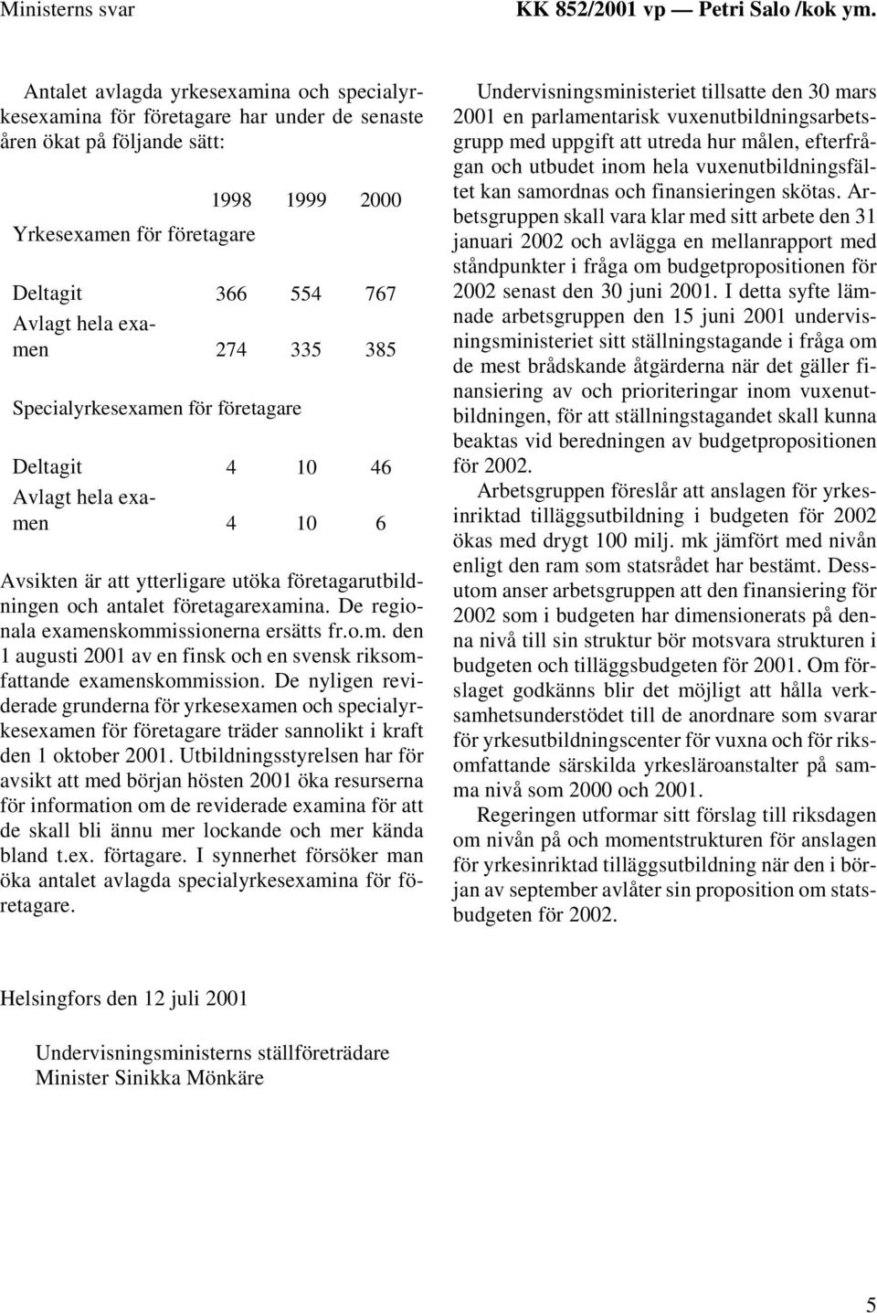 274 335 385 Specialyrkesexamen för företagare Deltagit 4 10 46 Avlagt hela examen 4 10 6 Avsikten är att ytterligare utöka företagarutbildningen och antalet företagarexamina.