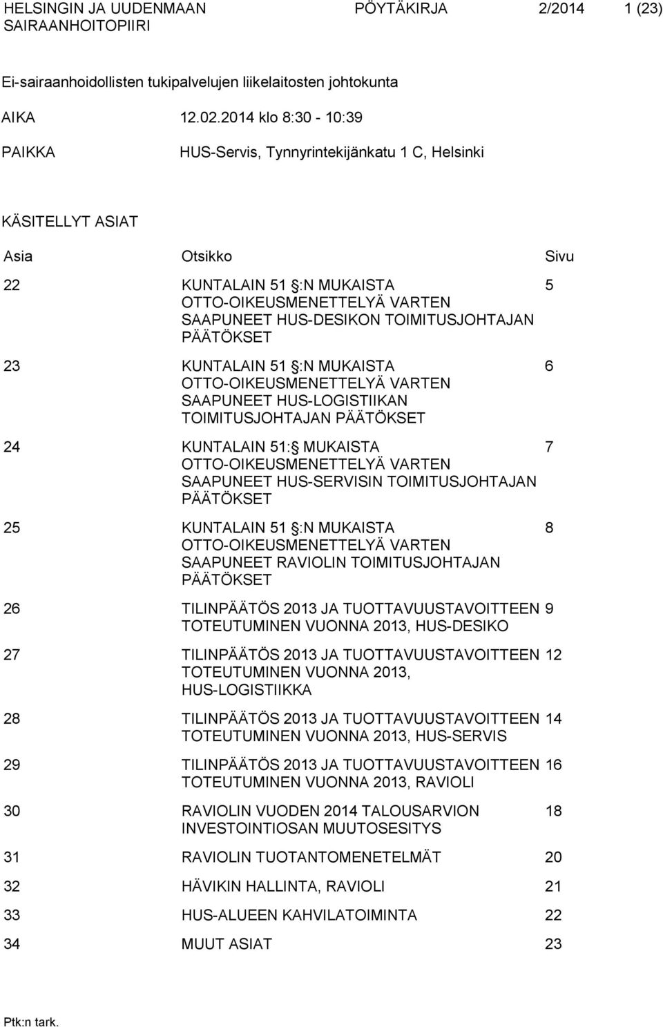 TOIMITUSJOHTAJAN PÄÄTÖKSET 23 KUNTALAIN 51 :N MUKAISTA OTTO-OIKEUSMENETTELYÄ VARTEN SAAPUNEET HUS-LOGISTIIKAN TOIMITUSJOHTAJAN PÄÄTÖKSET 24 KUNTALAIN 51: MUKAISTA OTTO-OIKEUSMENETTELYÄ VARTEN