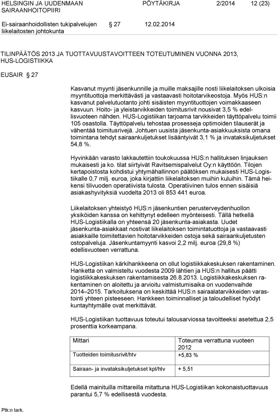 merkittävästi ja vastaavasti hoitotarvikeostoja. Myös HUS:n kasvanut palvelutuotanto johti sisäisten myyntituottojen voimakkaa seen kasvuun.