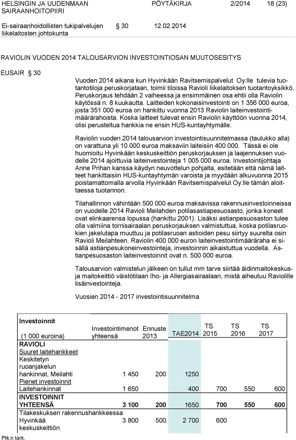 liikelaitoksen tuotantoyksik kö. Peruskorjaus tehdään 2 vaiheessa ja ensimmäinen osa ehtii olla Ravio lin käytössä n. 8 kuukautta.