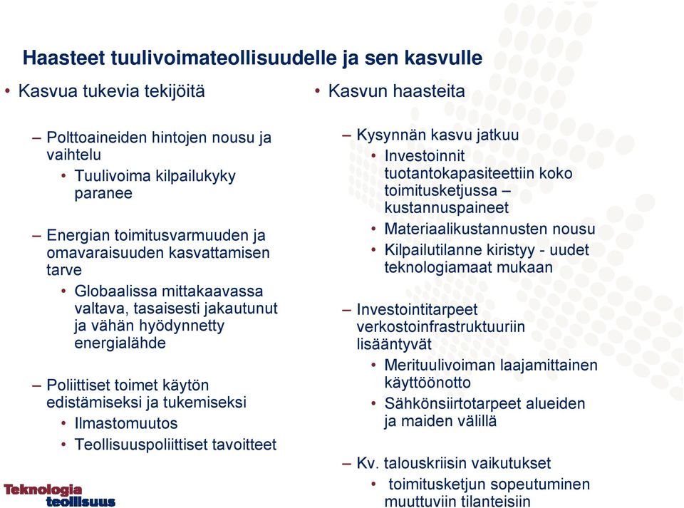 Teollisuuspoliittiset tavoitteet Kysynnän kasvu jatkuu Investoinnit tuotantokapasiteettiin koko toimitusketjussa kustannuspaineet Materiaalikustannusten nousu Kilpailutilanne kiristyy - uudet