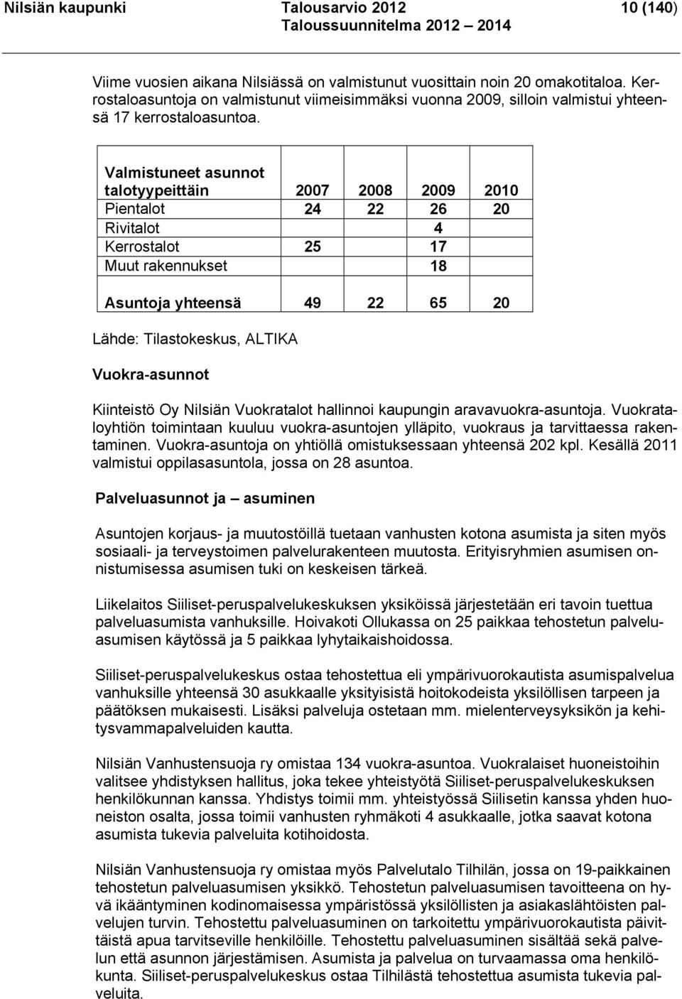 Valmistuneet asunnot talotyypeittäin 2007 2008 2009 2010 Pientalot 24 22 26 20 Rivitalot 4 Kerrostalot 25 17 Muut rakennukset 18 Asuntoja yhteensä 49 22 65 20 Lähde: Tilastokeskus, ALTIKA