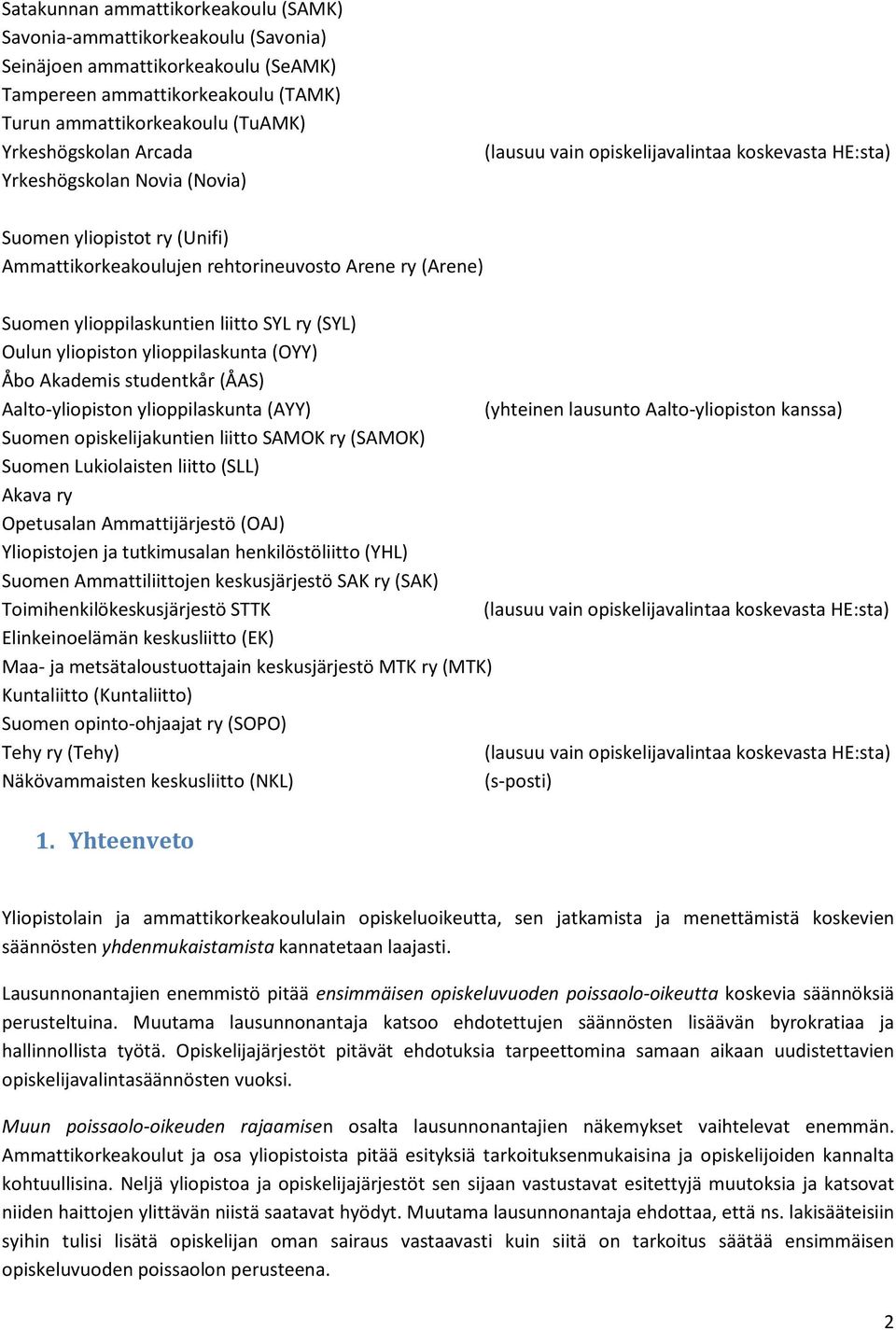 (OYY) Åbo Akademis studentkår (ÅAS) Aalto-yliopiston ylioppilaskunta (AYY) (yhteinen lausunto Aalto-yliopiston kanssa) Suomen opiskelijakuntien liitto SAMOK ry (SAMOK) Suomen Lukiolaisten liitto