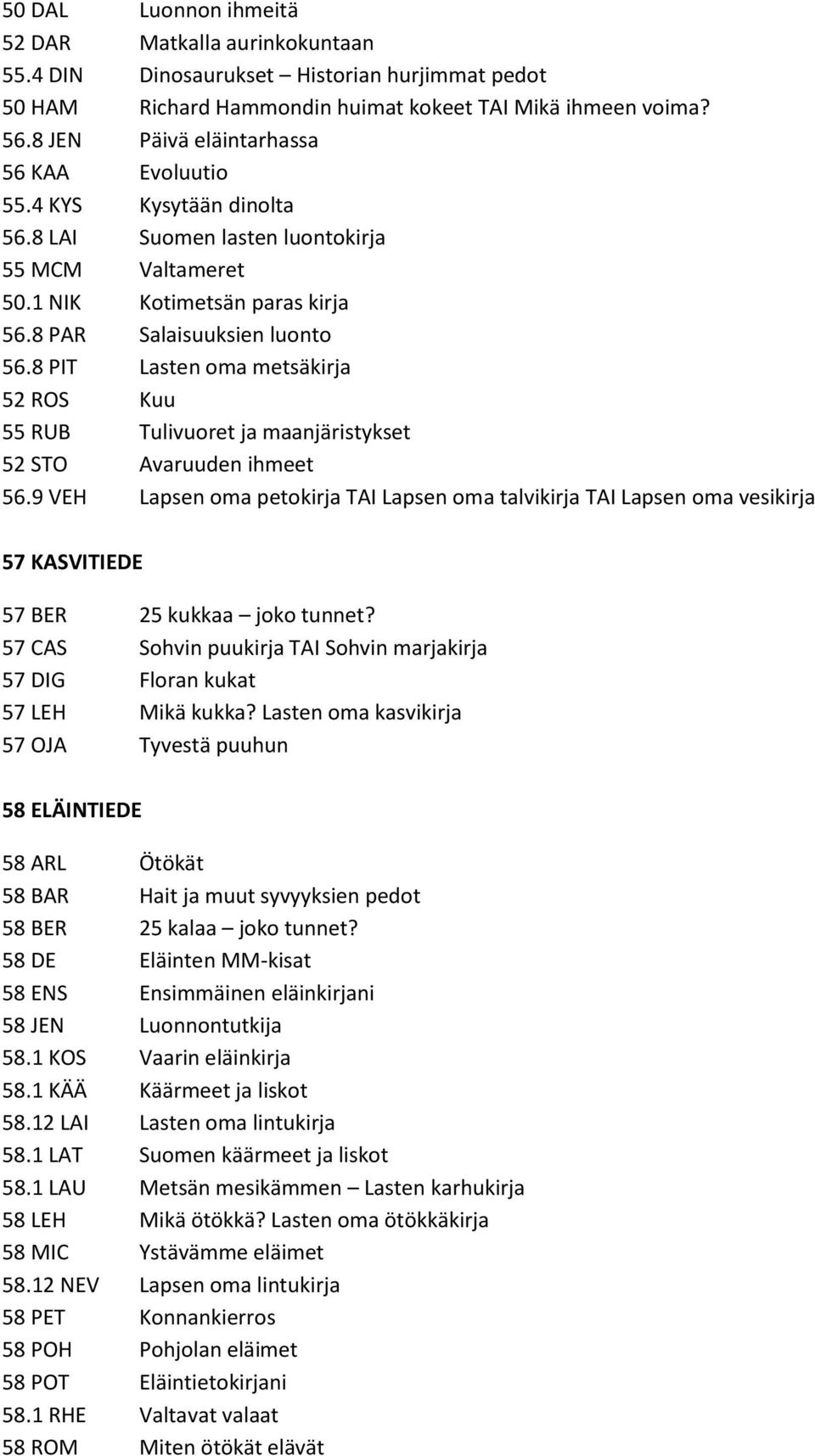 8 PIT Lasten oma metsäkirja 52 ROS Kuu 55 RUB Tulivuoret ja maanjäristykset 52 STO Avaruuden ihmeet 56.