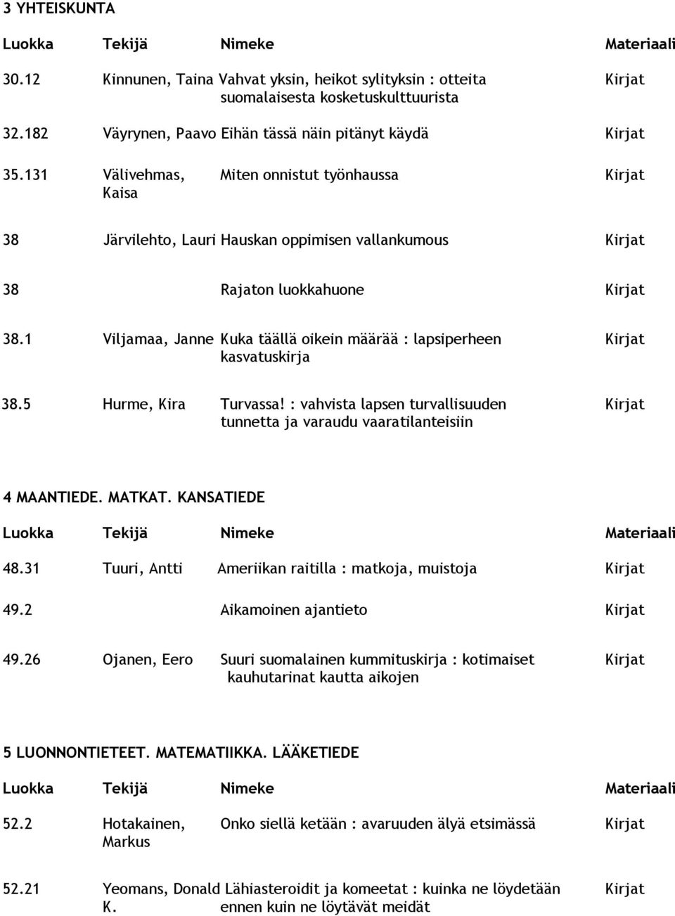 1 Viljamaa, Janne Kuka täällä oikein määrää : lapsiperheen Kirjat kasvatuskirja 38.5 Hurme, Kira Turvassa! : vahvista lapsen turvallisuuden Kirjat tunnetta ja varaudu vaaratilanteisiin 4 MAANTIEDE.