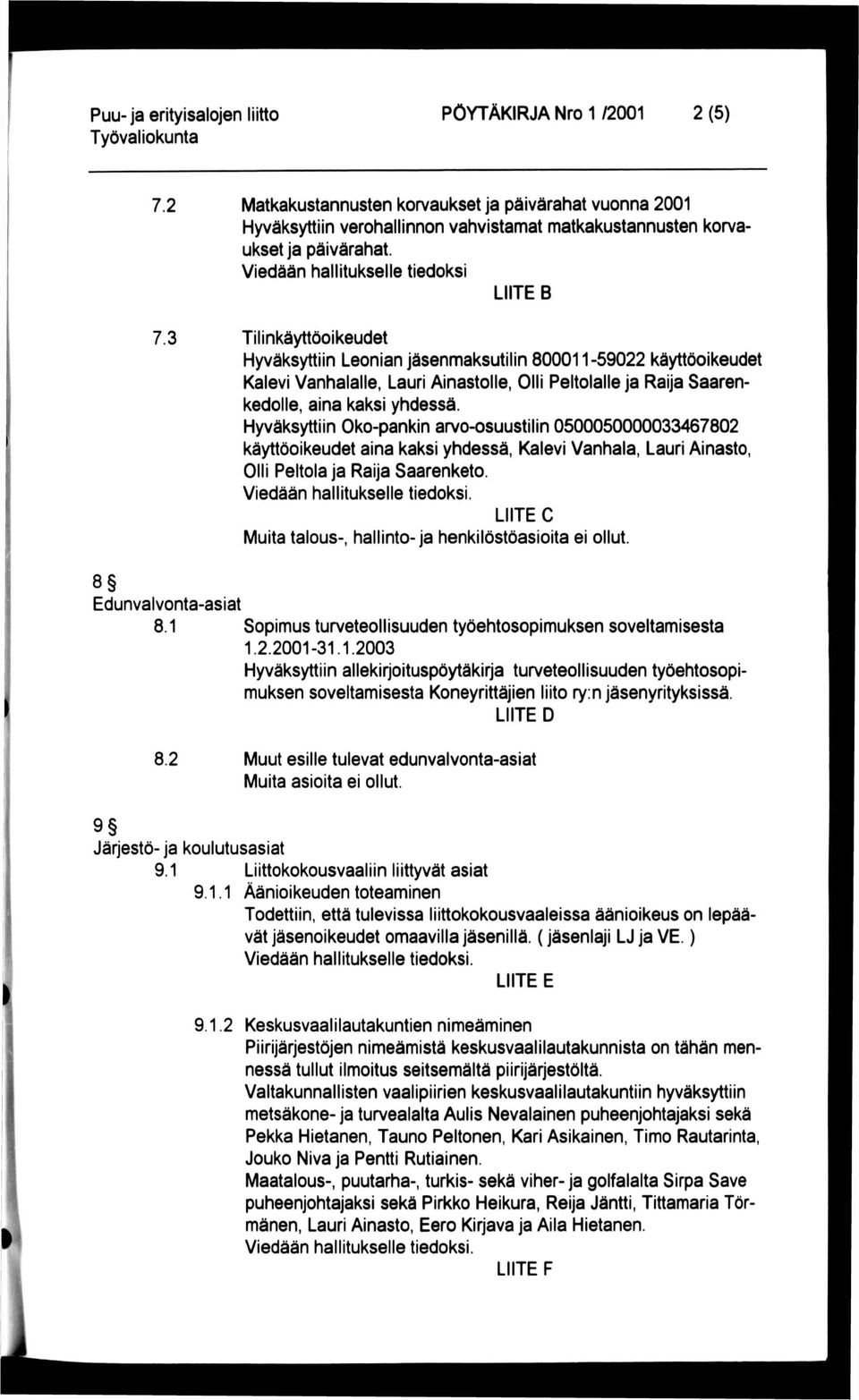 3 Tilinkäyttöoikeudet Hyväksyttiin Leonian jäsenmaksutilin 800011-59022 käyttöoikeudet Kalevi Vanhalalle, Lauri Ainastolle, Olli Peltolalle ja Raija Saarenkedolle, aina kaksi yhdessä.