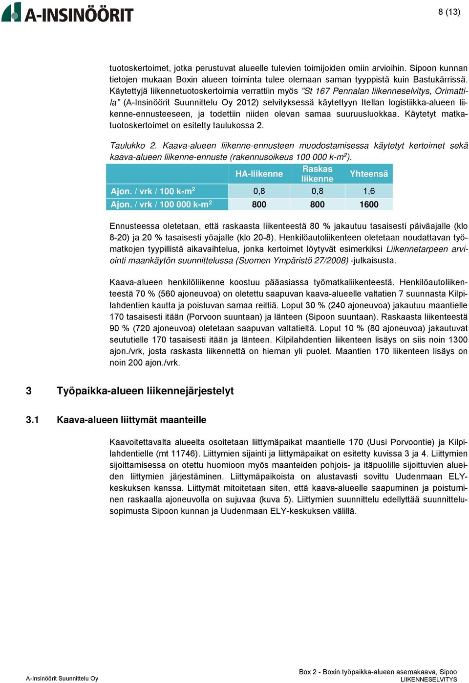 olevan samaa suuruusluokkaa. Käytetyt matkatuotoskertoimet on esitetty taulukossa 2. Taulukko 2.