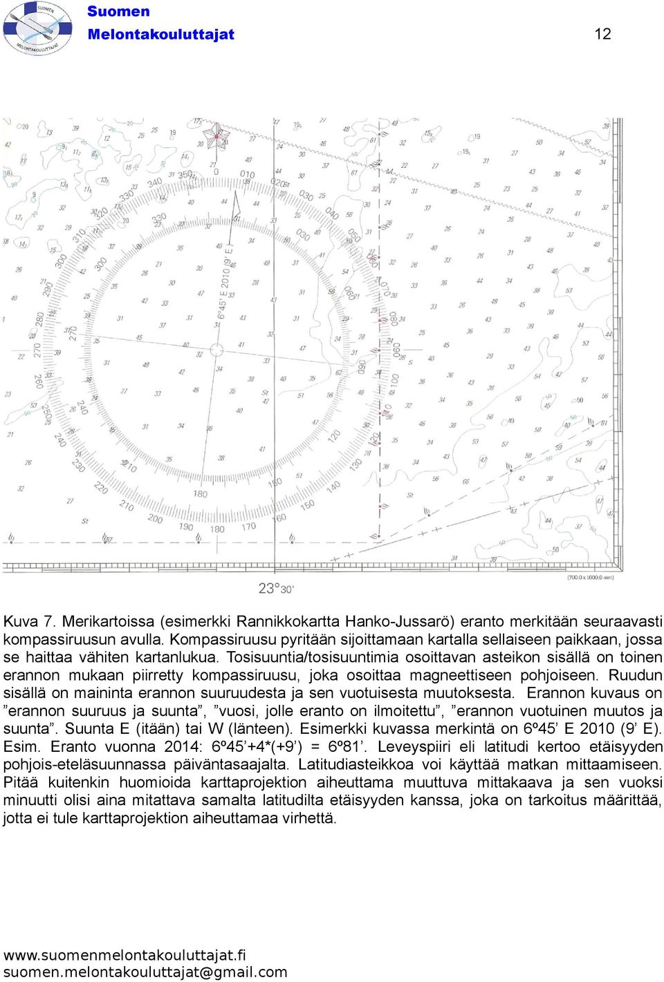 Tosisuuntia/tosisuuntimia osoittavan asteikon sisällä on toinen erannon mukaan piirretty kompassiruusu, joka osoittaa magneettiseen pohjoiseen.