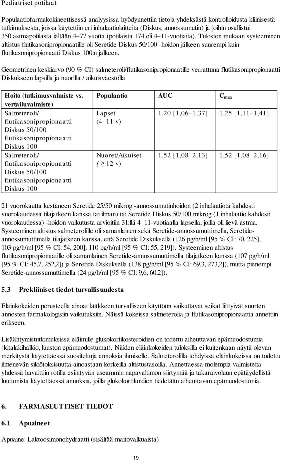 Tulosten mukaan systeeminen altistus flutikasonipropionaatille oli Seretide Diskus 50/100 -hoidon jälkeen suurempi kuin flutikasonipropionaatti Diskus 100:n jälkeen.