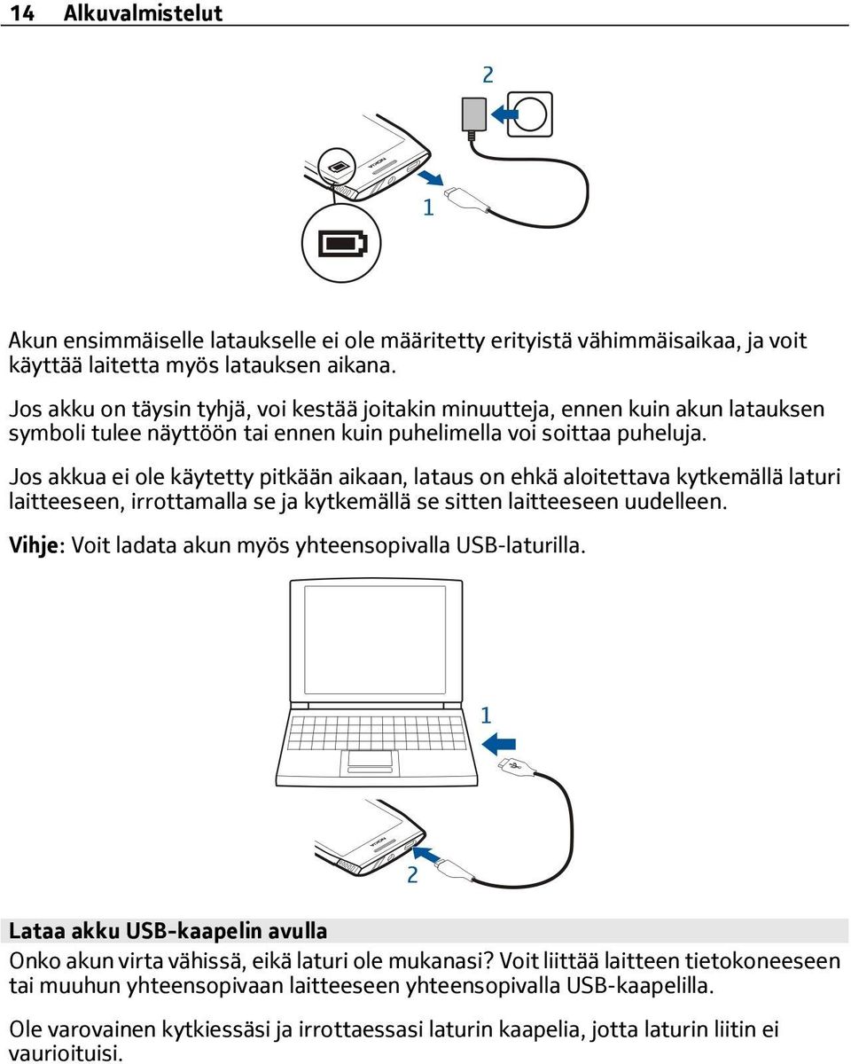 Jos akkua ei ole käytetty pitkään aikaan, lataus on ehkä aloitettava kytkemällä laturi laitteeseen, irrottamalla se ja kytkemällä se sitten laitteeseen uudelleen.