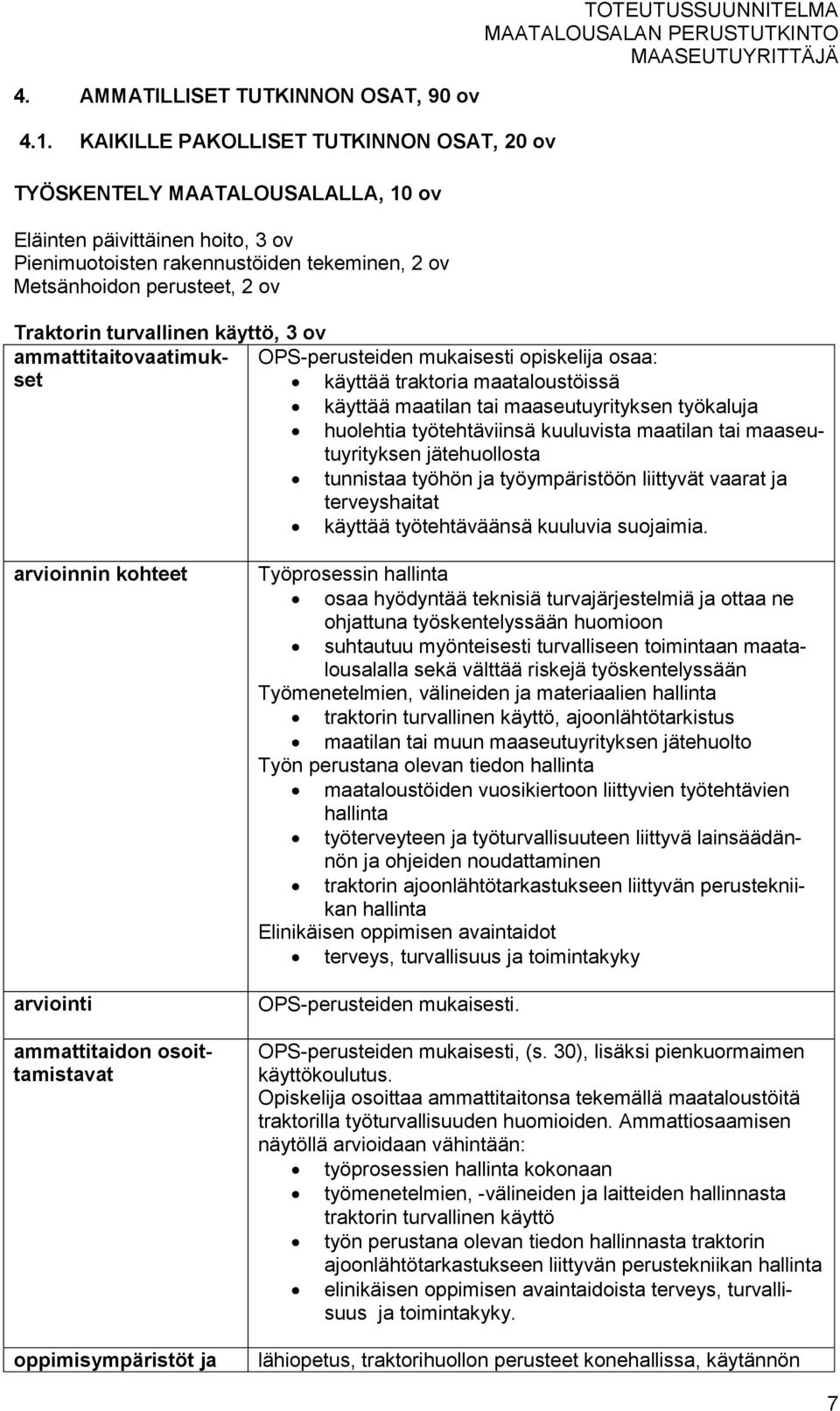 turvallinen käyttö, 3 ov ammattitaitovaatimukset OPS-perusteiden mukaisesti opiskelija osaa: käyttää traktoria maataloustöissä käyttää maatilan tai maaseutuyrityksen työkaluja huolehtia