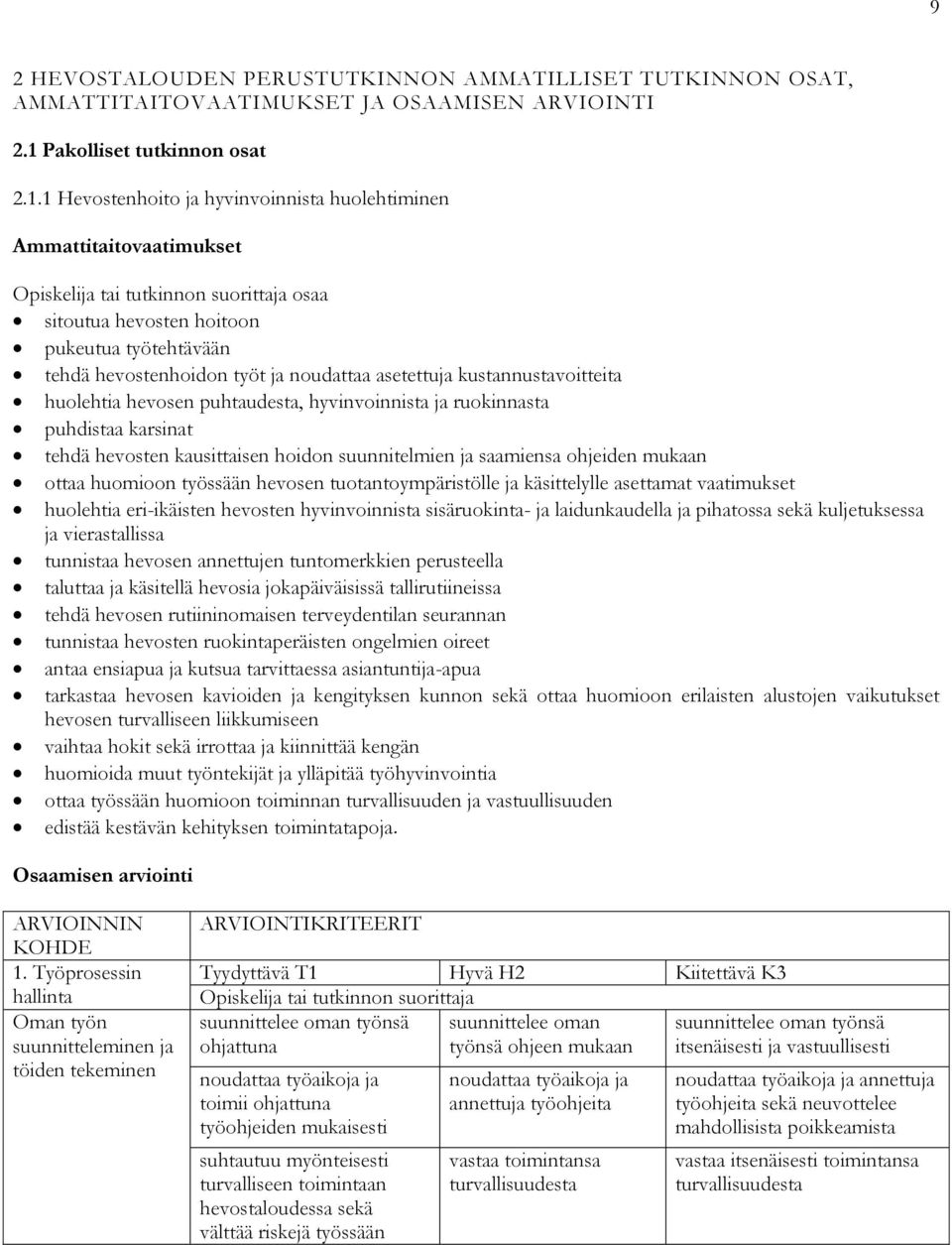 1 Hevostenhoito ja hyvinvoinnista huolehtiminen Ammattitaitovaatimukset osaa sitoutua hevosten hoitoon pukeutua työtehtävään tehdä hevostenhoidon työt ja noudattaa asetettuja kustannustavoitteita