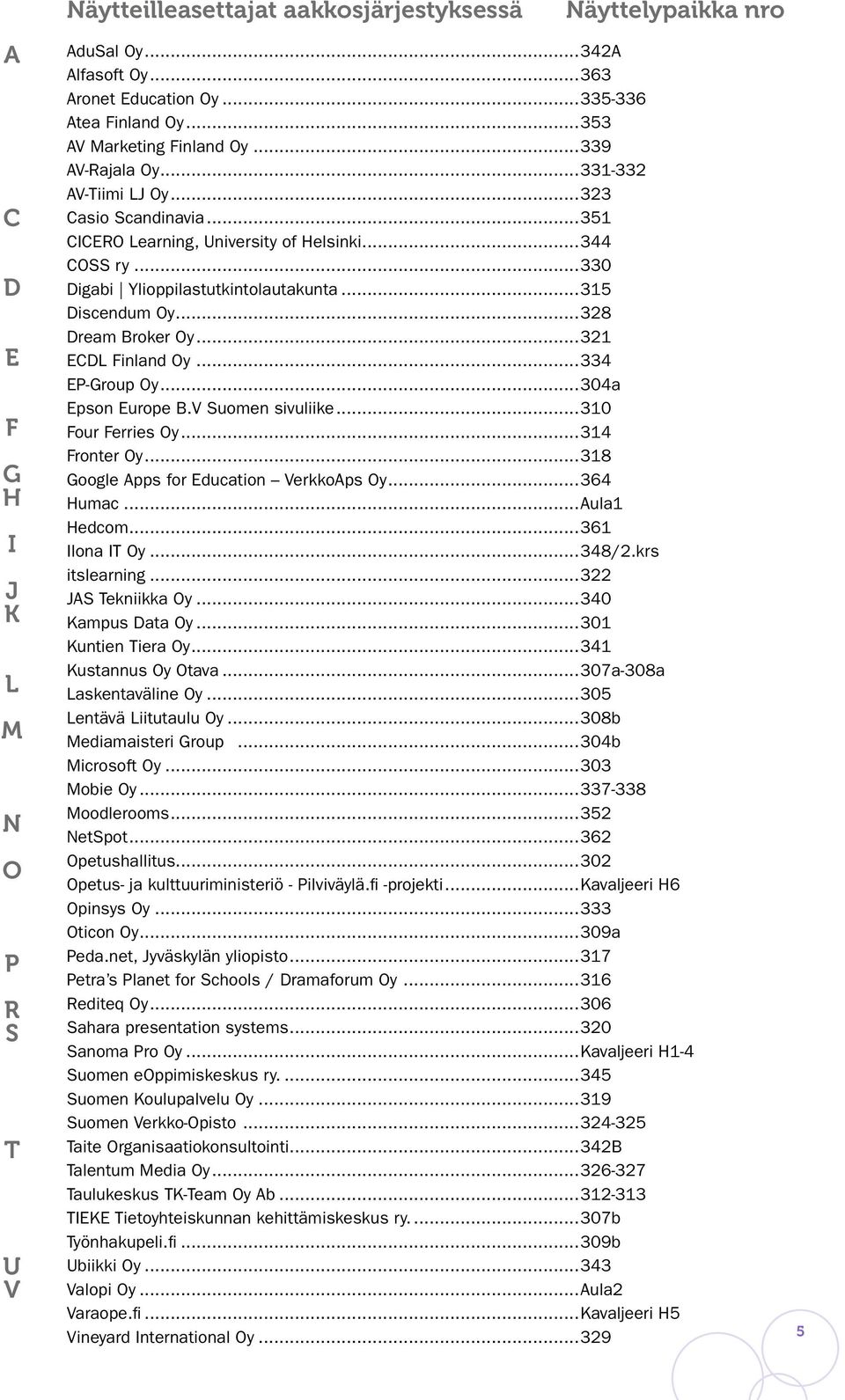 ..315 Discendum Oy...328 Dream Broker Oy...321 ECDL Finland Oy...334 EP-Group Oy...304a Epson Europe B.V Suomen sivuliike...310 Four Ferries Oy...314 Fronter Oy.