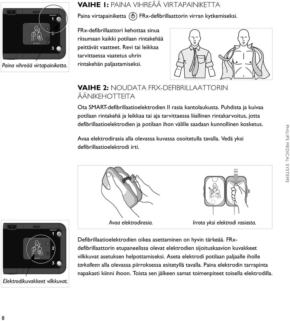 VAIHE 2: NOUDATA FRX-DEFIBRILLAATTORIN ÄÄNIKEHOTTEITA Ota SMART-defibrillaatioelektrodien II rasia kantolaukusta.