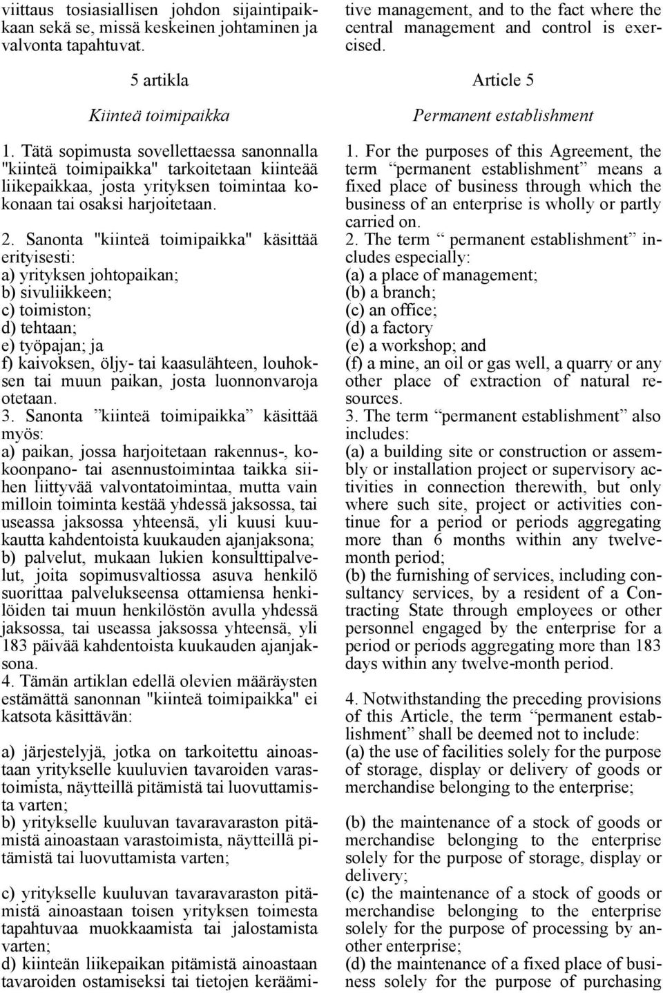 Sanonta "kiinteä toimipaikka" käsittää erityisesti: a) yrityksen johtopaikan; b) sivuliikkeen; c) toimiston; d) tehtaan; e) työpajan; ja f) kaivoksen, öljy- tai kaasulähteen, louhoksen tai muun